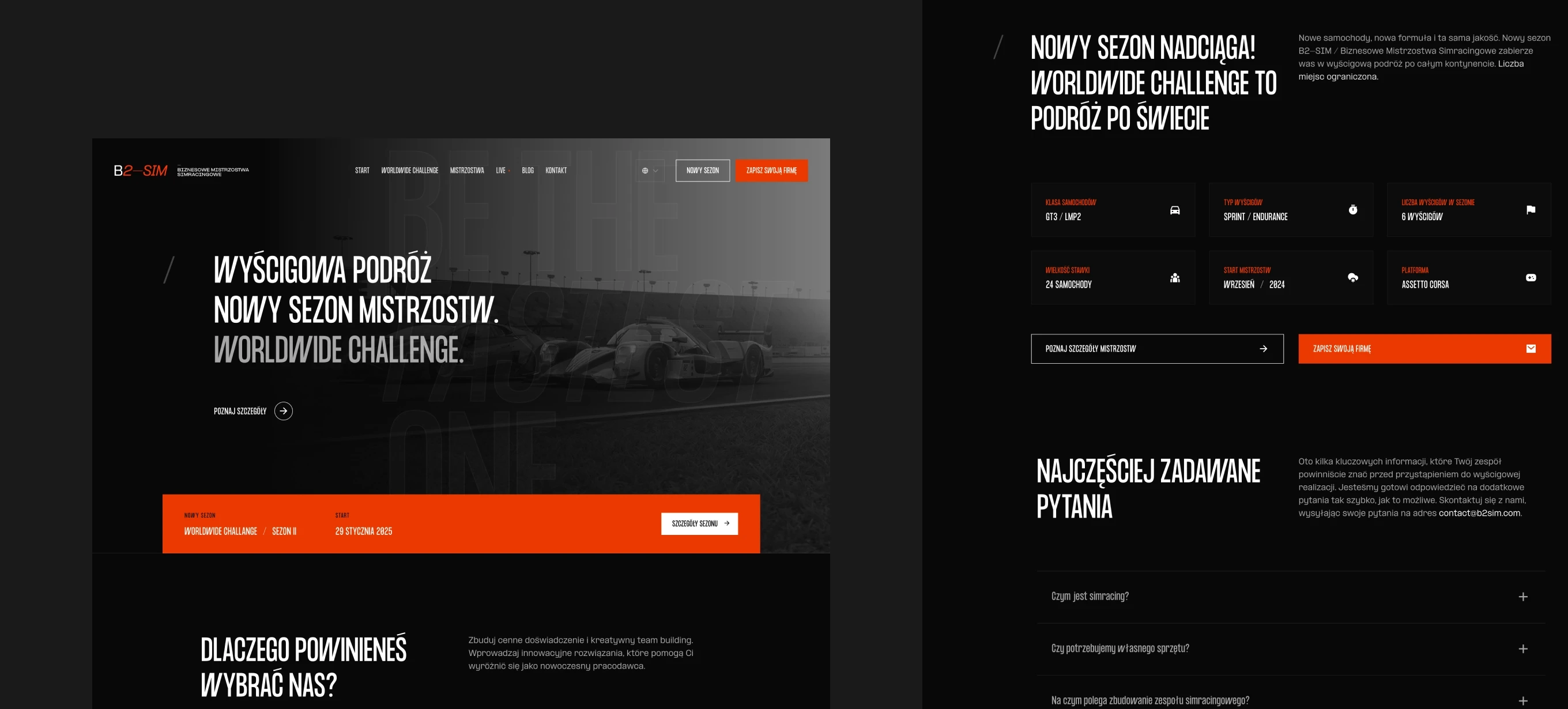 B2-SIM website showcasing a bold racing-themed design with monochrome backgrounds, orange accents, and Polish headlines promoting a worldwide sim racing challenge.