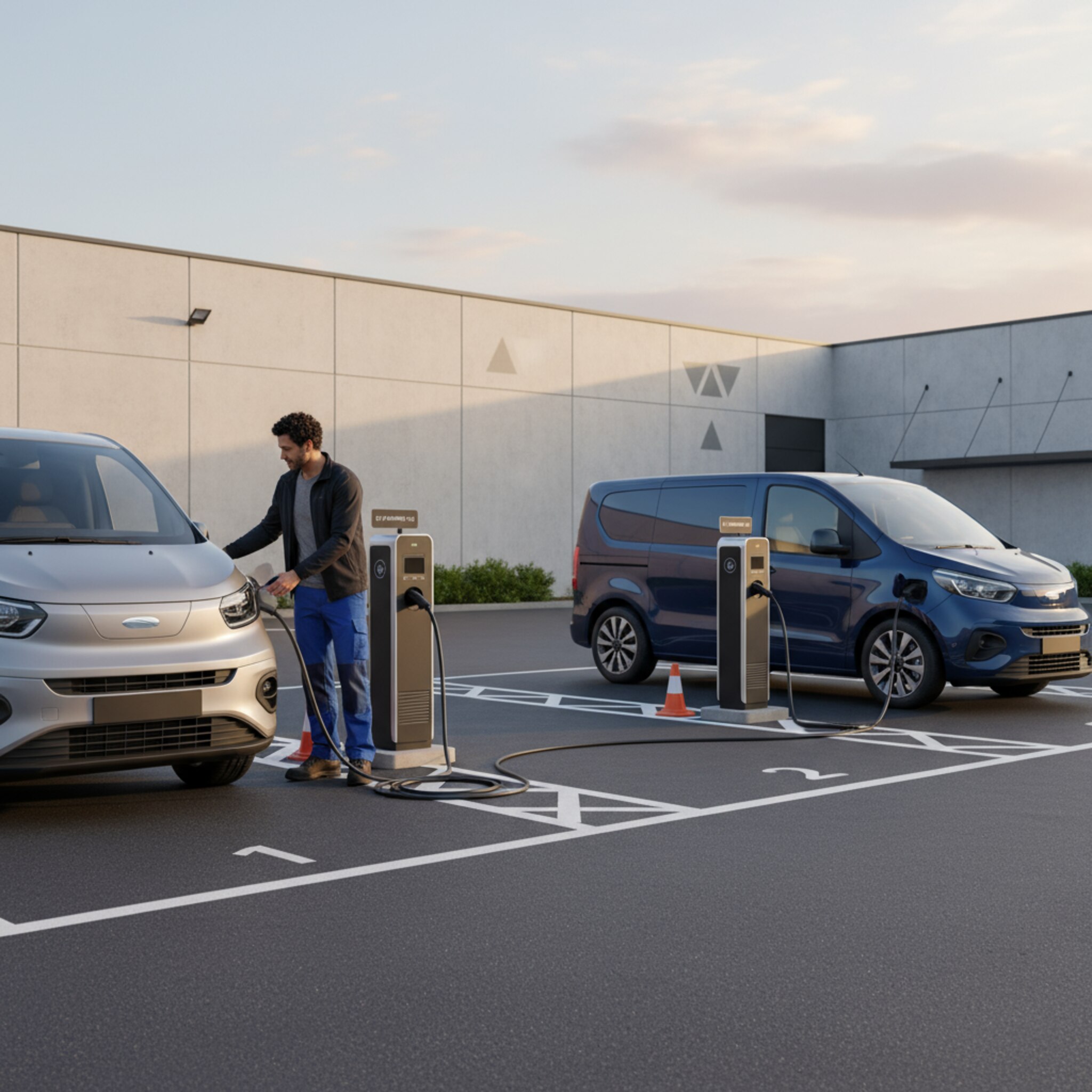 Auf einem Firmenhof markieren weiße Linien drei Ladeplätze, zwei davon belegt. Ein Fahrer prüft kurz den Sitz des Steckers und blickt über die nummerierten Stellflächen. Leichtes Summen, klare Abendluft, das Kabel liegt in weichen Bögen auf dem Boden.