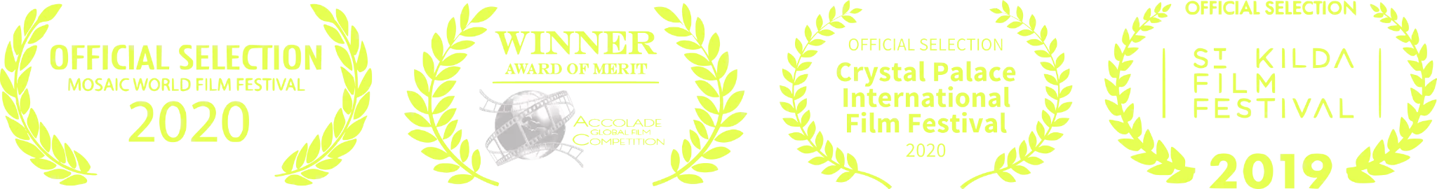 Award Logos: Mosaic World Film Festival, Accolade Global Film Competition, Crystal Palace International Film Festival, St Kilda Film Festival