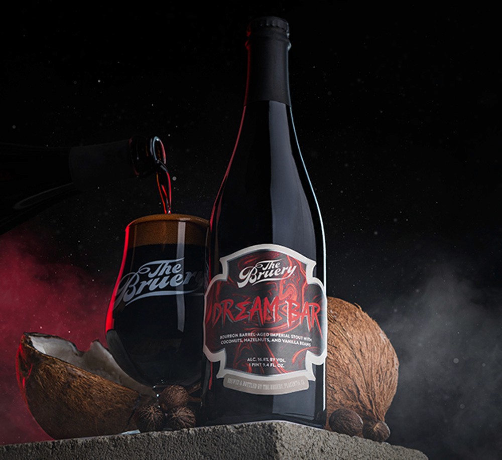 The Bruery stout beer with smoke backdrop