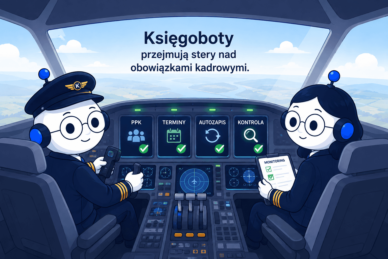 ksiegoroboty jako piloci samolotu trzymajacy stery nad obowiazkami kadrowymi