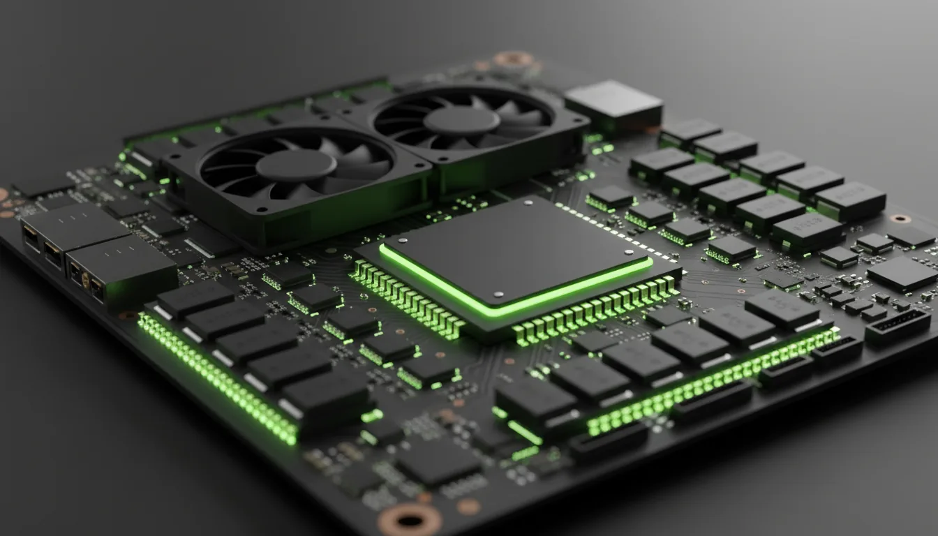 A futuristic 3D render of a high-performance laptop motherboard, angled close-up shot, product visualization style. The scene features a central NVIDIA GPU, multiple integrated circuits, and two matte black cooling fans. The electronic components and VRAM modules glow with a vibrant, fluorescent lime green emissive light, casting soft reflections on the dark, matte circuit board. Soft global illumination, shallow depth of field with sharp focus on the central chips, creating a clean, technical, and cinematic aesthetic.