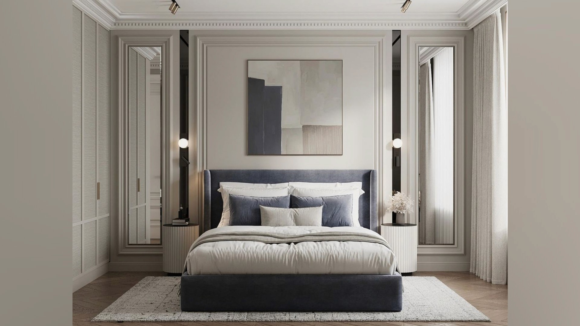 Symmetrical mirrors and fluted nightstands flank a plush velvet bed, illustrating a masterclass in Mount Pavilia luxury home interior design and spatial balance.