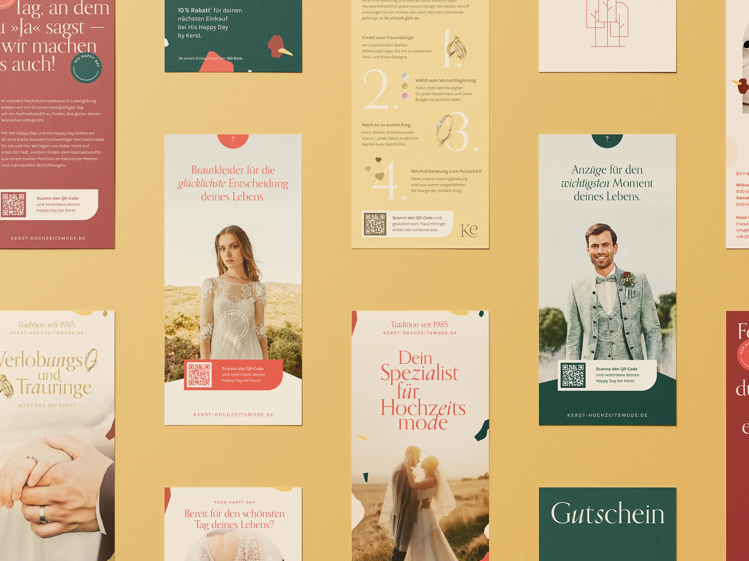 Collage aus Flyern, Gutscheinen und Printmedien von Kerst Hochzeitsmode auf gelbem Hintergrund, darunter Anzeigen für Braut- und Herrenmode, Trauringe und Rabattaktionen.