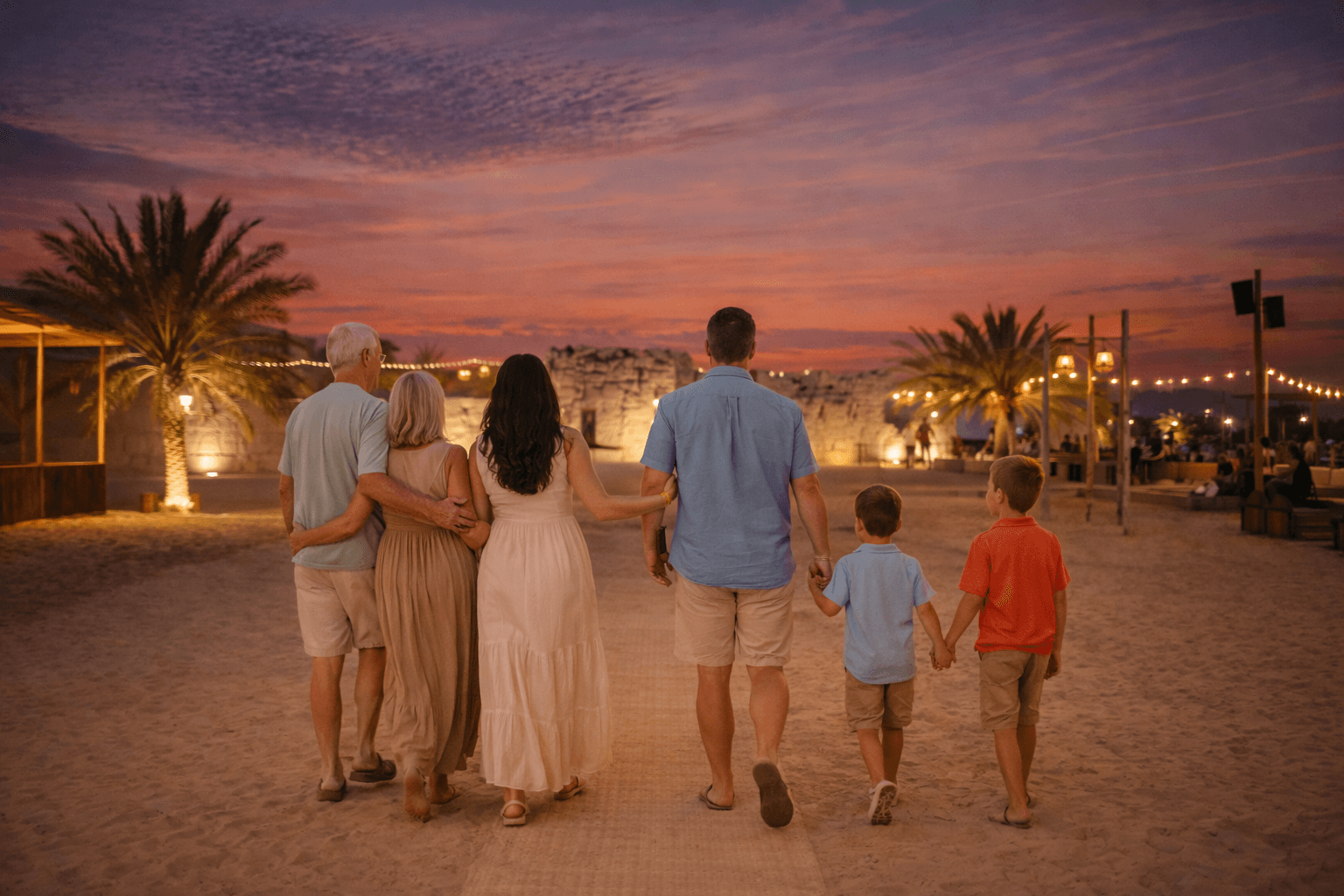 The Fort Al Lisaili desert camp at sunset, featuring a traditional stone fortress and open-air dining arena for the Dune Quest Standard Desert Safari & Dinner Show
