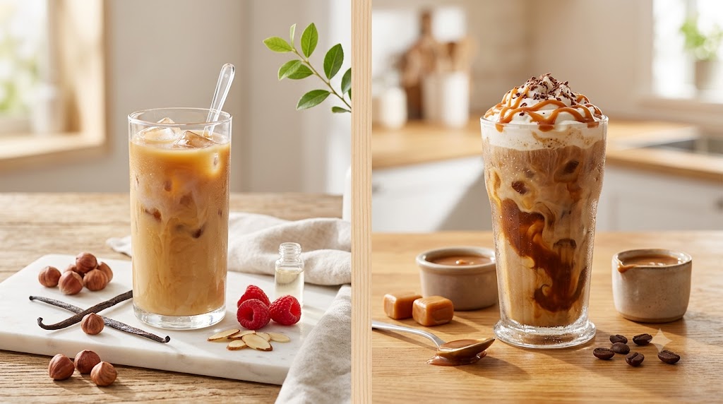 An infographic-style comparison showing the difference between a healthy, low-sugar Dunkin' iced coffee featuring raspberries and almonds and a sweet, indulgent caramel swirl coffee.