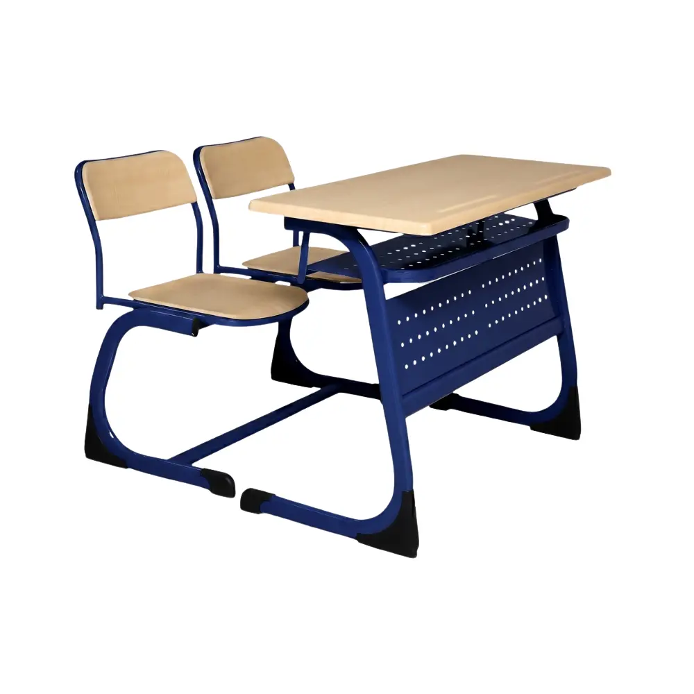 Dark blue classroom chair and desk set with wooden seat and metal frame, Made in Turkey