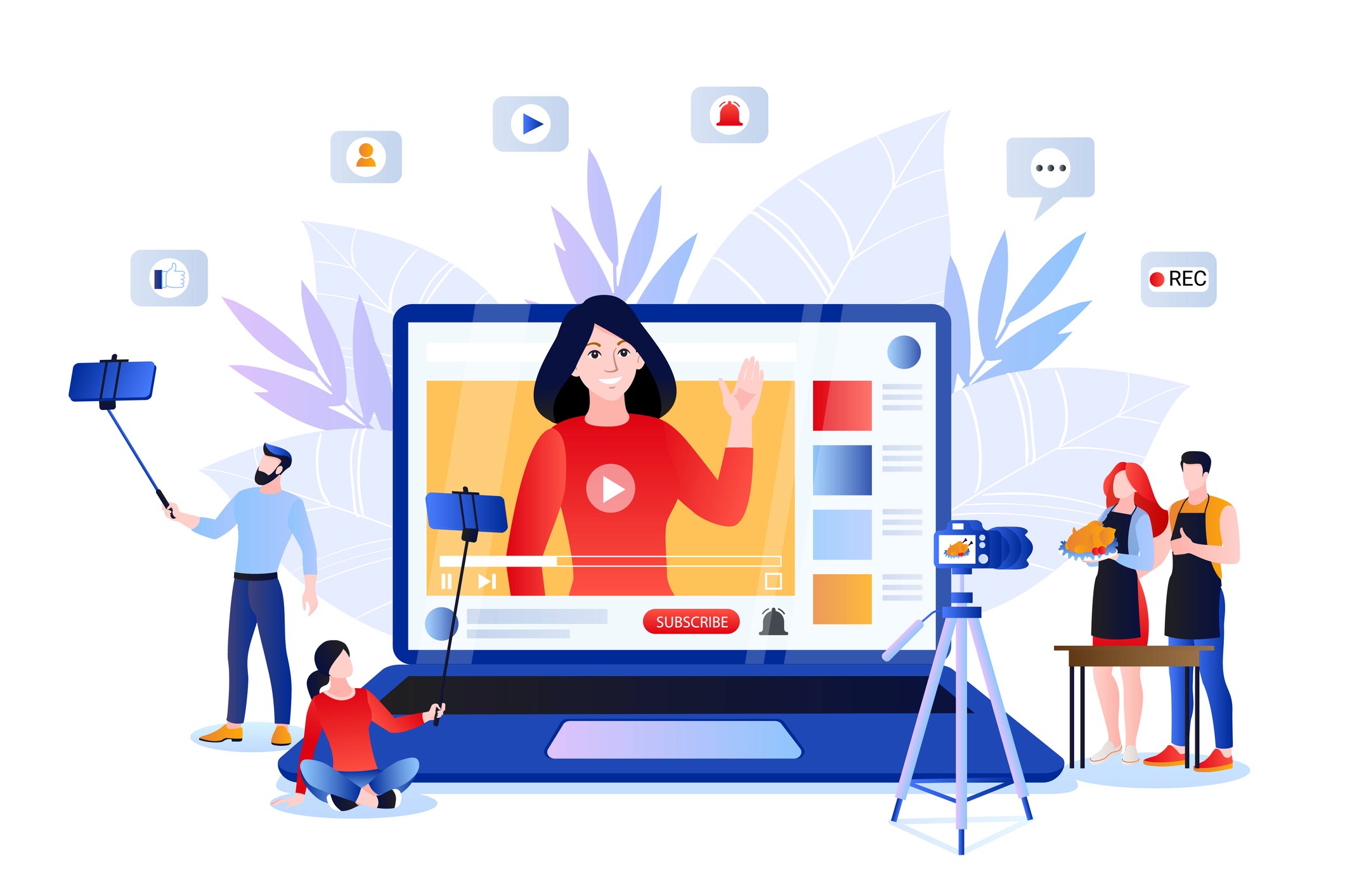 Content creators filming videos across niches with subscribe button and social media engagement icons
