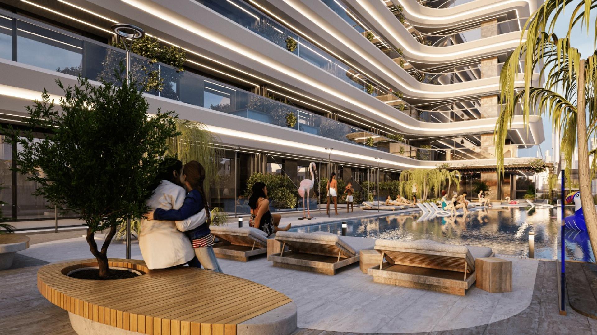 Samana Miami features a modern building with a futuristic design, highlighting its unique architectural style.