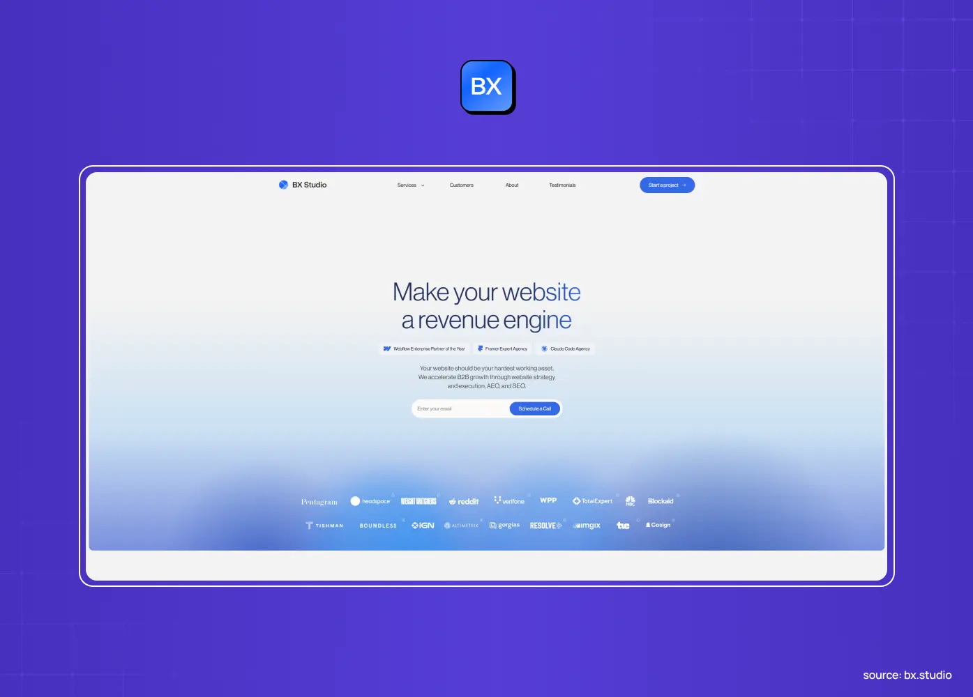 BX Studio homepage screenshot showing the headline "Make your website a revenue engine" above an email capture field and two rows of client logos.