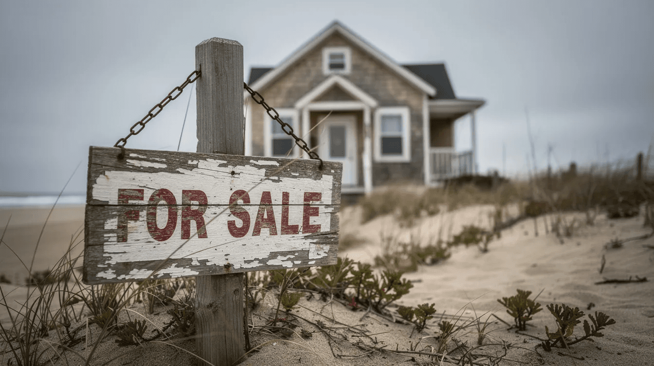 A weathered for-sale sign stands in front of a charming beach cottage, set against a backdrop of overcast skies, highlighting the potential of owning a vacation home. This property could serve as an investment property for rental income, offering a place for family and friends to create lasting memories by the shore.