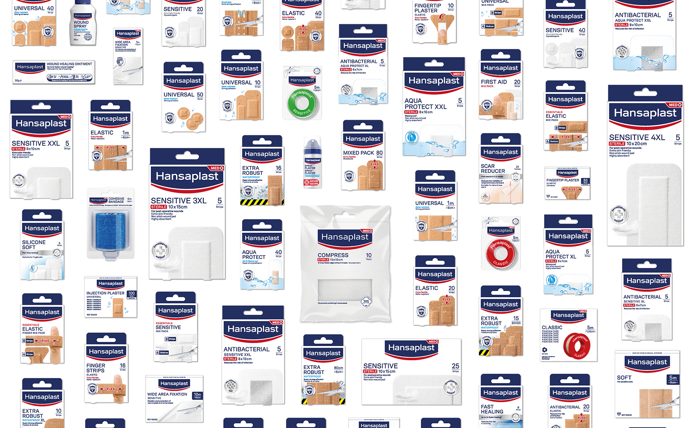 Gesamtsicht des Verpackungsdesigns für Hansaplast – neue Linienführung und Markenästhetik von Design for Human Nature in Hamburg.