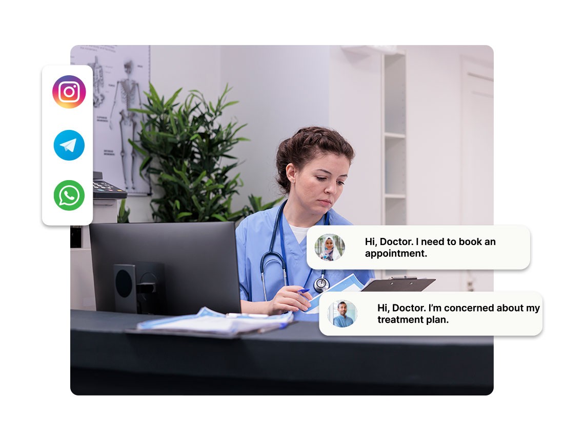 Female doctor reviewing patient messages on digital platforms like WhatsApp, Telegram, and Instagram – Modern healthcare communication technology