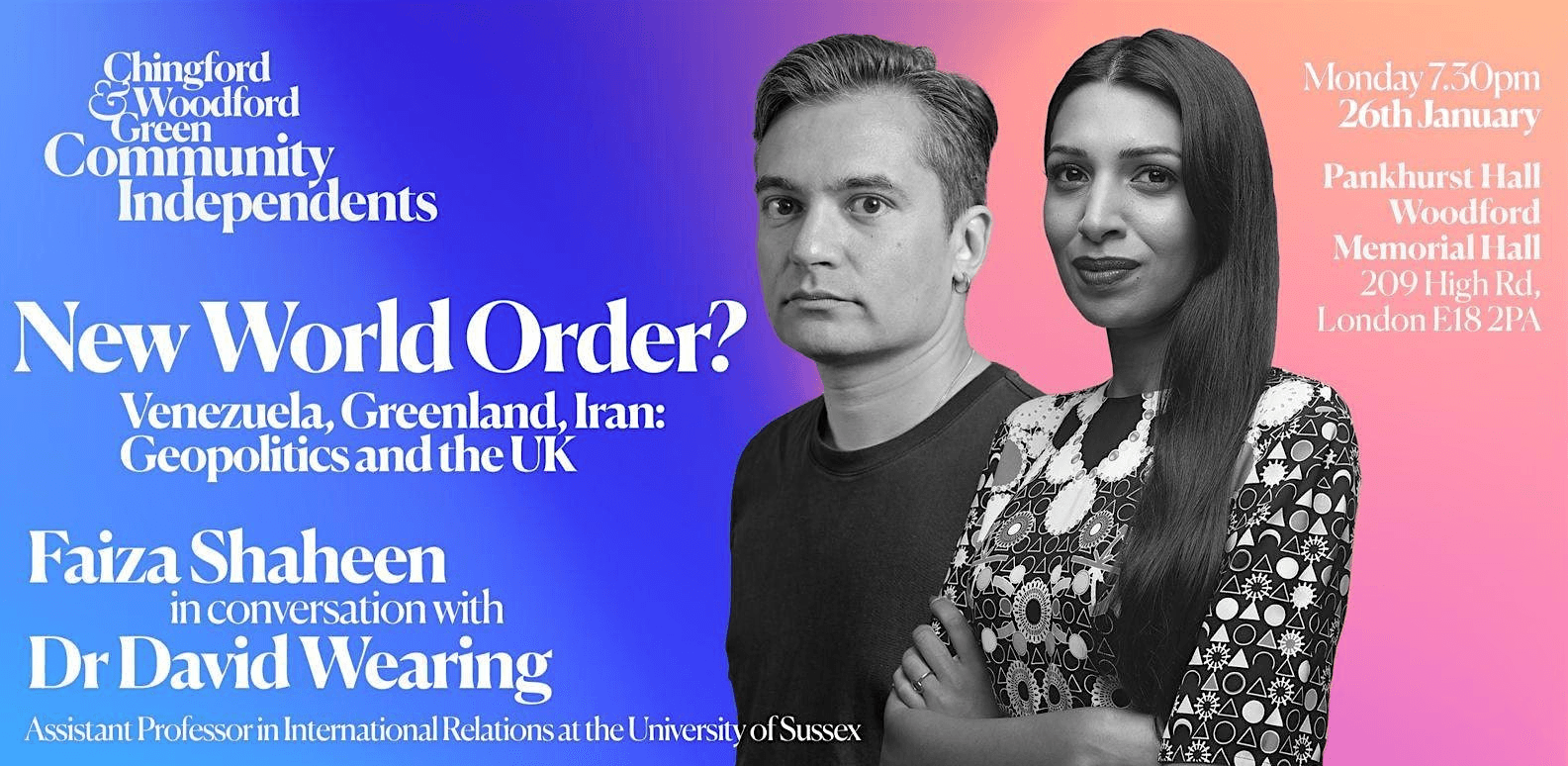 Flyer for event wih Faiza Shaheen and David Wearing