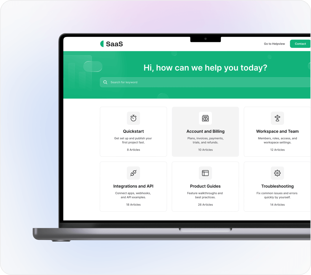 SaaS help center homepage with documentation categories built using Helpview.