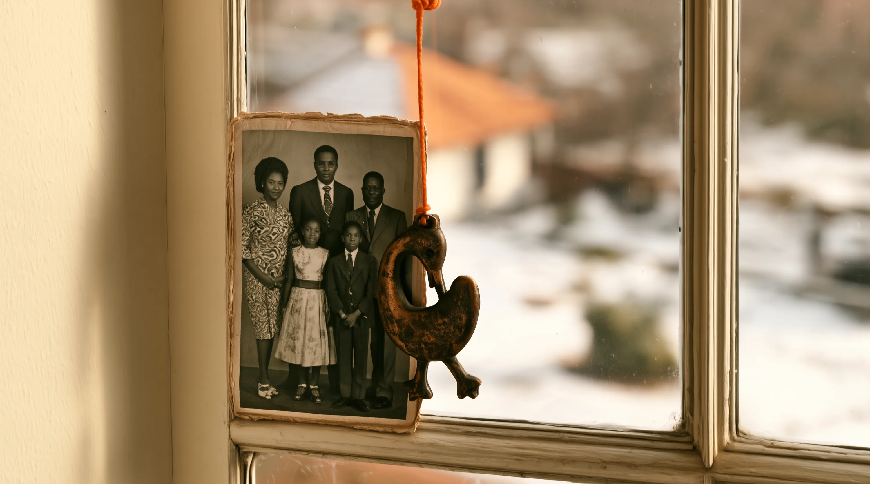 A sepia family photograph rests on a window ledge, tied with orange twine to a carved wooden sankofa charm, with a blurred snowy scene and a distant orange rooftop visible through the glass.