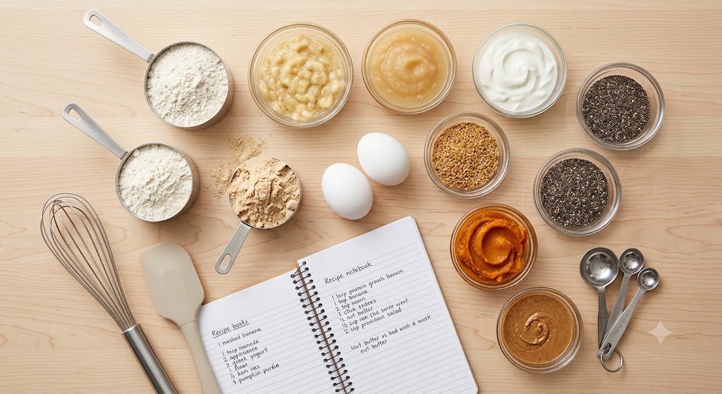 An overhead photograph and illustrative infographic on a light wooden table, showcasing healthy baking ingredients and their role as protein-rich or moisture-boosting substitutes. Key items with subtle text labels include mashed banana, applesauce, Greek yogurt (moisture/fat replacement), chia seeds and flaxseed (vegan egg substitutes, source of fiber and omega-3s), pumpkin purée, protein powder (boosting protein), nut butter, and various seeds (adding healthy fats and texture). A handwritten recipe book details "Smart Ingredient Swaps." The style is clean and appetizing, consistent with the healthy and vegetarian focus seen in your other files. This image visually simplifies how to make baked goods both nutritious and delicious.