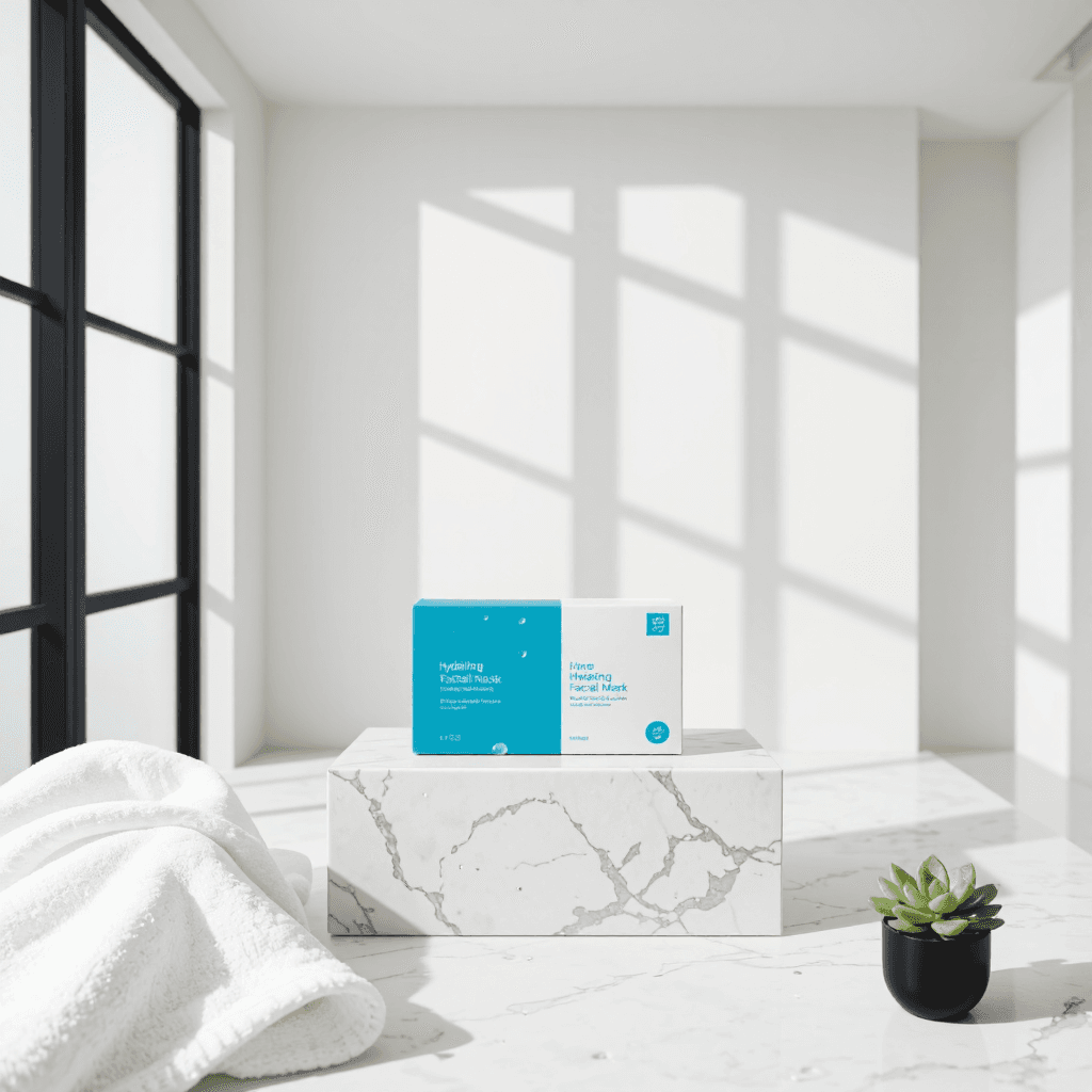 product photography of a box of hydrating facial masks