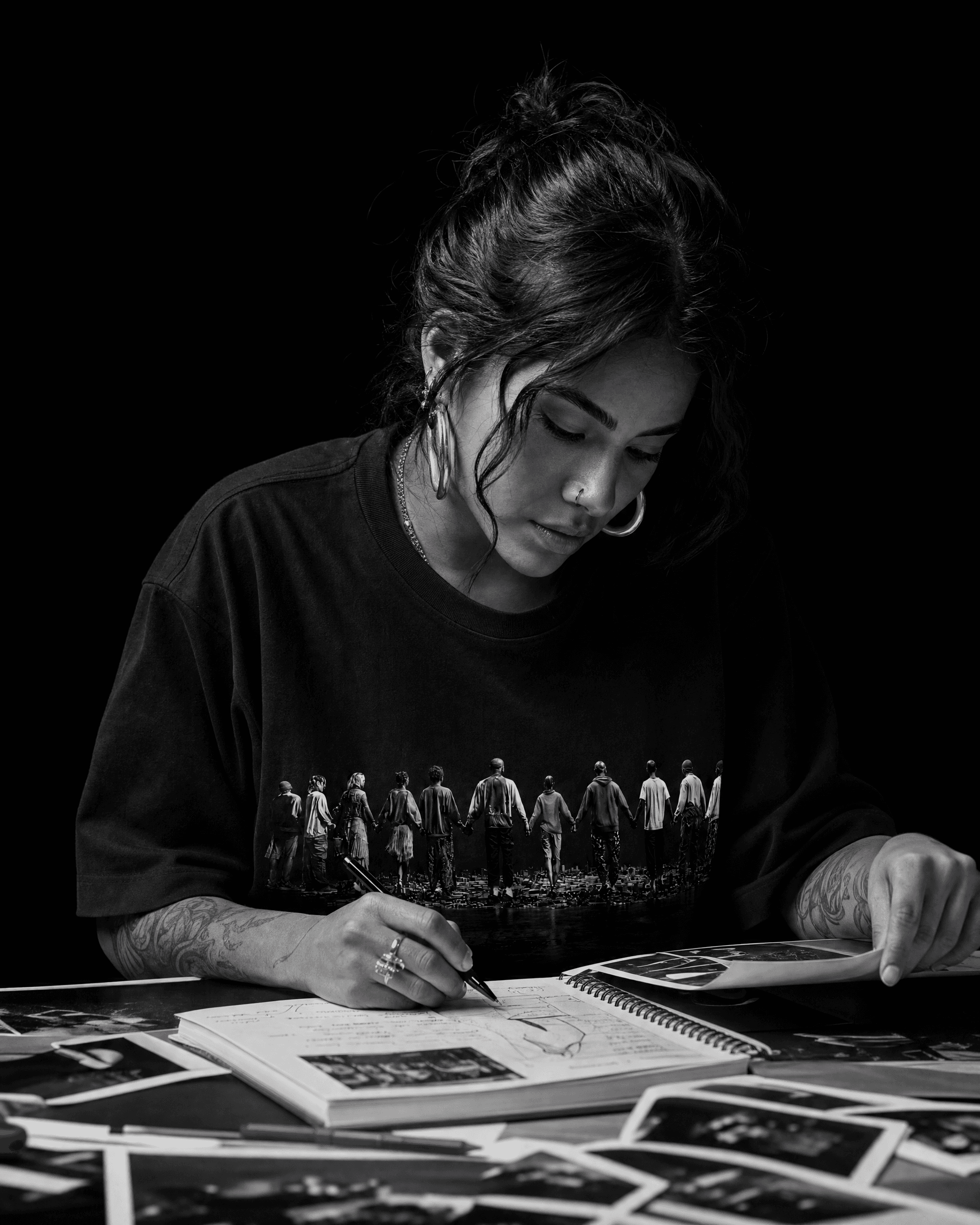 Woman in a black Session Zone community-graphic T-shirt working with a notebook and photographic prints.