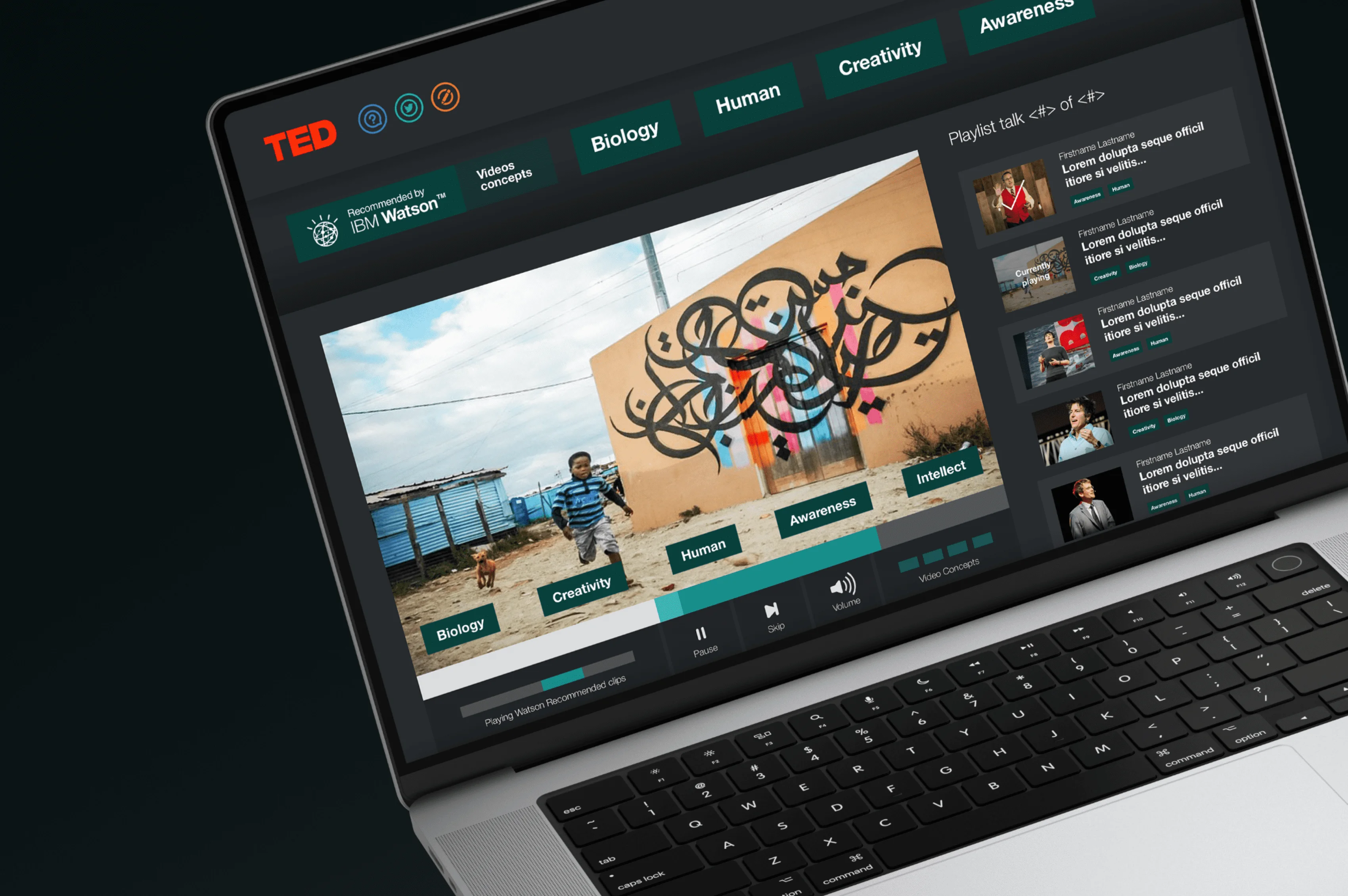 TED x Watson consumer experience on laptop — video player with concept tags floating above content, Watson-curated playlist of related talks on right, and 'How does Watson do it' explanation below
