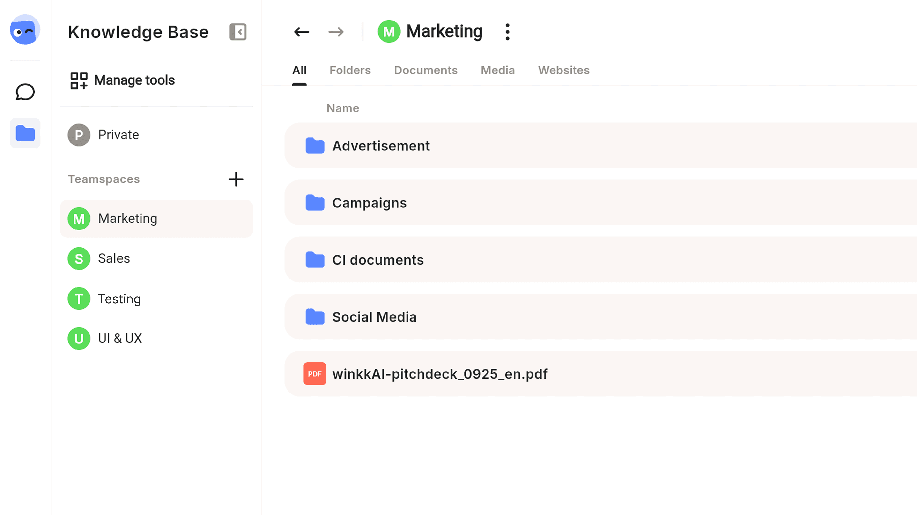 Example view of fictive folders within the winkk AI knowledge base.