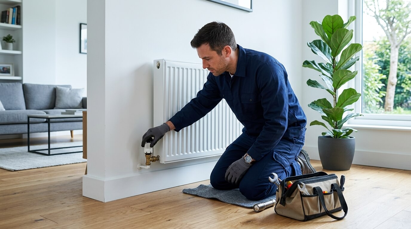 HVAC tech kneeling to fix a heater