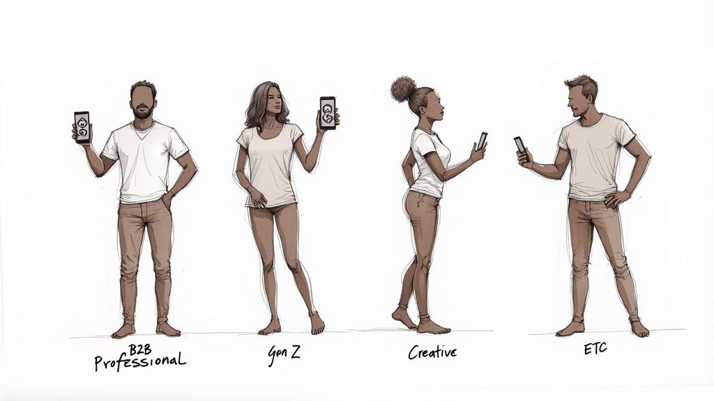 A group of diverse individuals interacting on their phones and laptops, with social media icons floating around them, symbolizing audience targeting and platform selection.