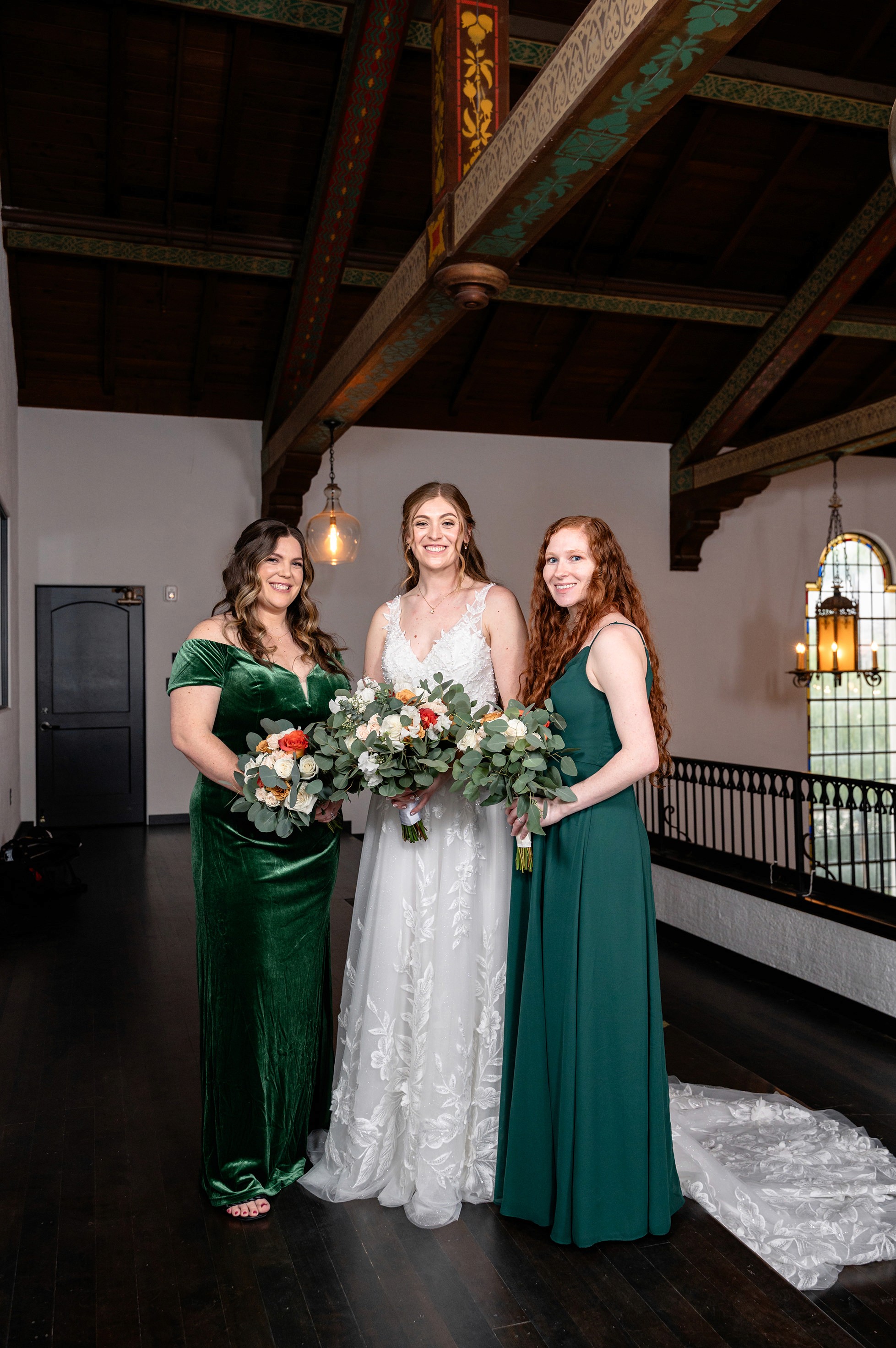 Flat lay wedding details with bouquet, rings, and sparkling bridal heels