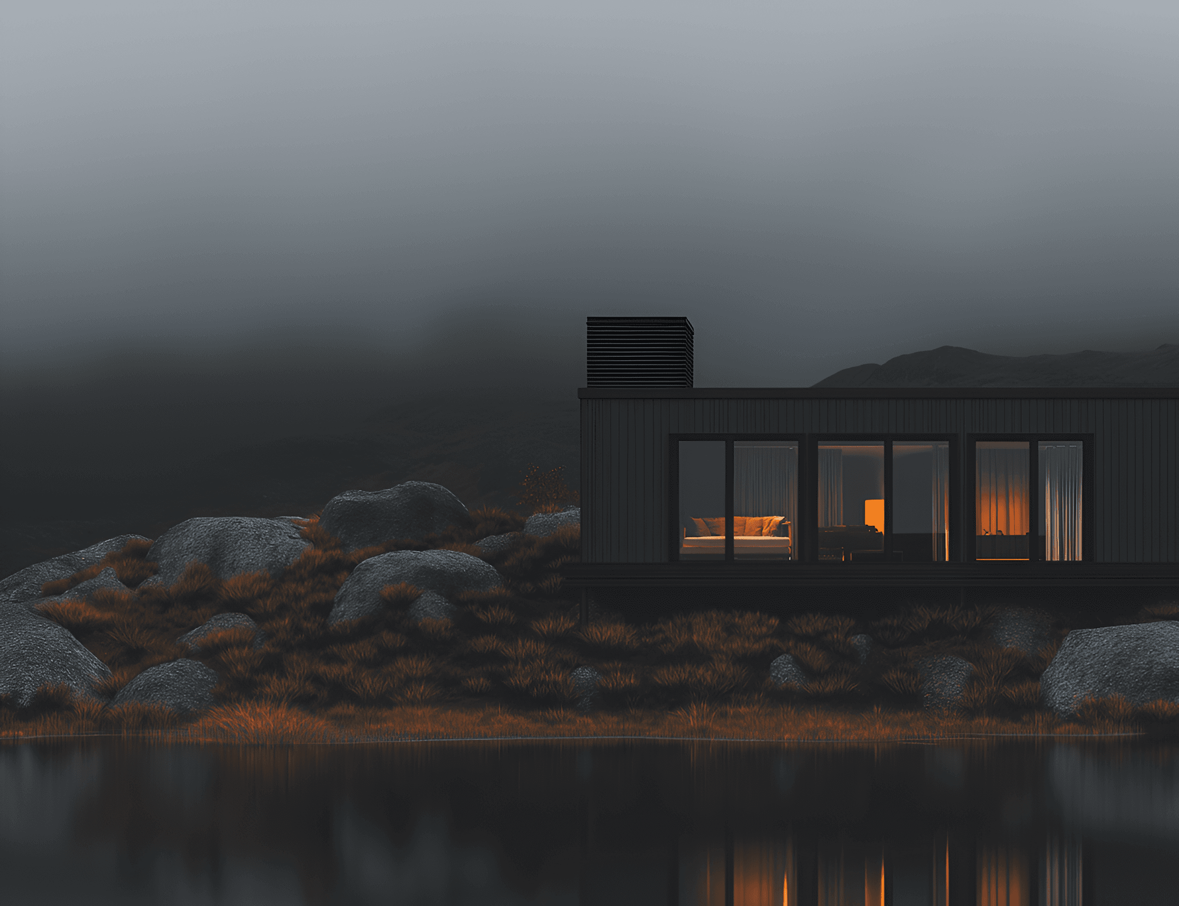 modern cabin by misty lakeshore at dusk