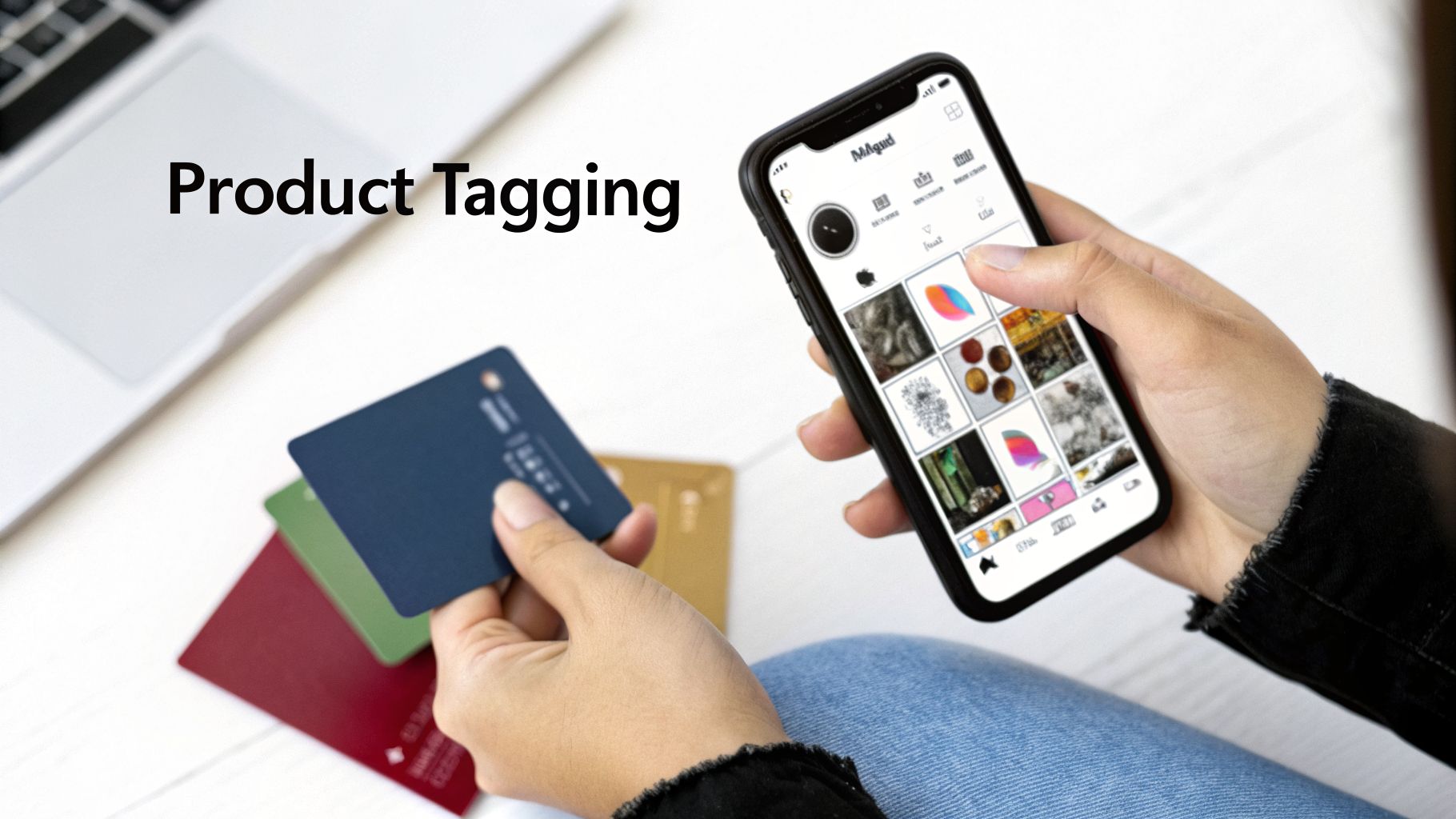 A person holds a smartphone showing a product gallery on a social media app, with credit cards visible.