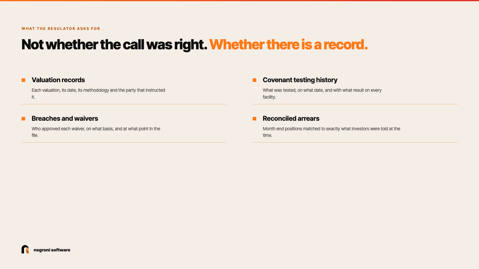 What the regulator asks a private credit manager to evidence: valuation records, covenant testing history, breaches and waivers with approvals, and arrears reconciled to investor reporting