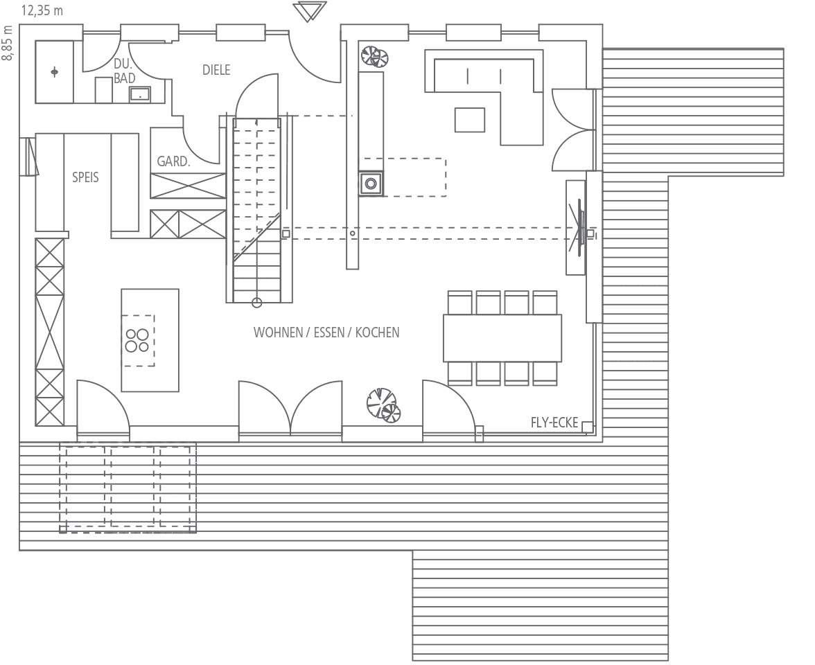 Grundriss einer modernen Wohnung mit offener Küche, Ess- und Wohnbereich, Speisekammer, Diele, Garderobe und Duschbad.