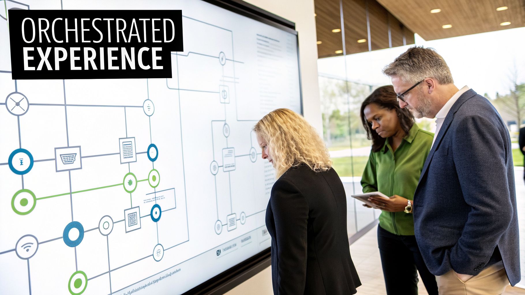 Three business professionals analyze an 'Orchestrated Experience' diagram on a large interactive screen.