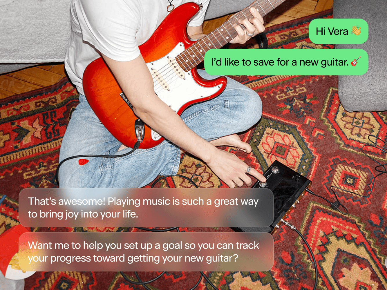 Guitarist adjusting an effects pedal while Vera chat bubbles provide AI money coach guidance for smarter financial decisions.
