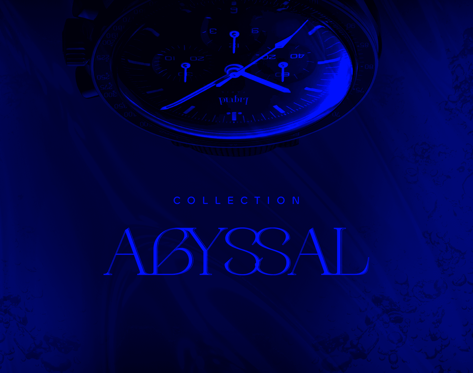 Visuel de la collection Abyssal, mettant en scène une montre de luxe sur fond bleu profond avec typographie élégante.