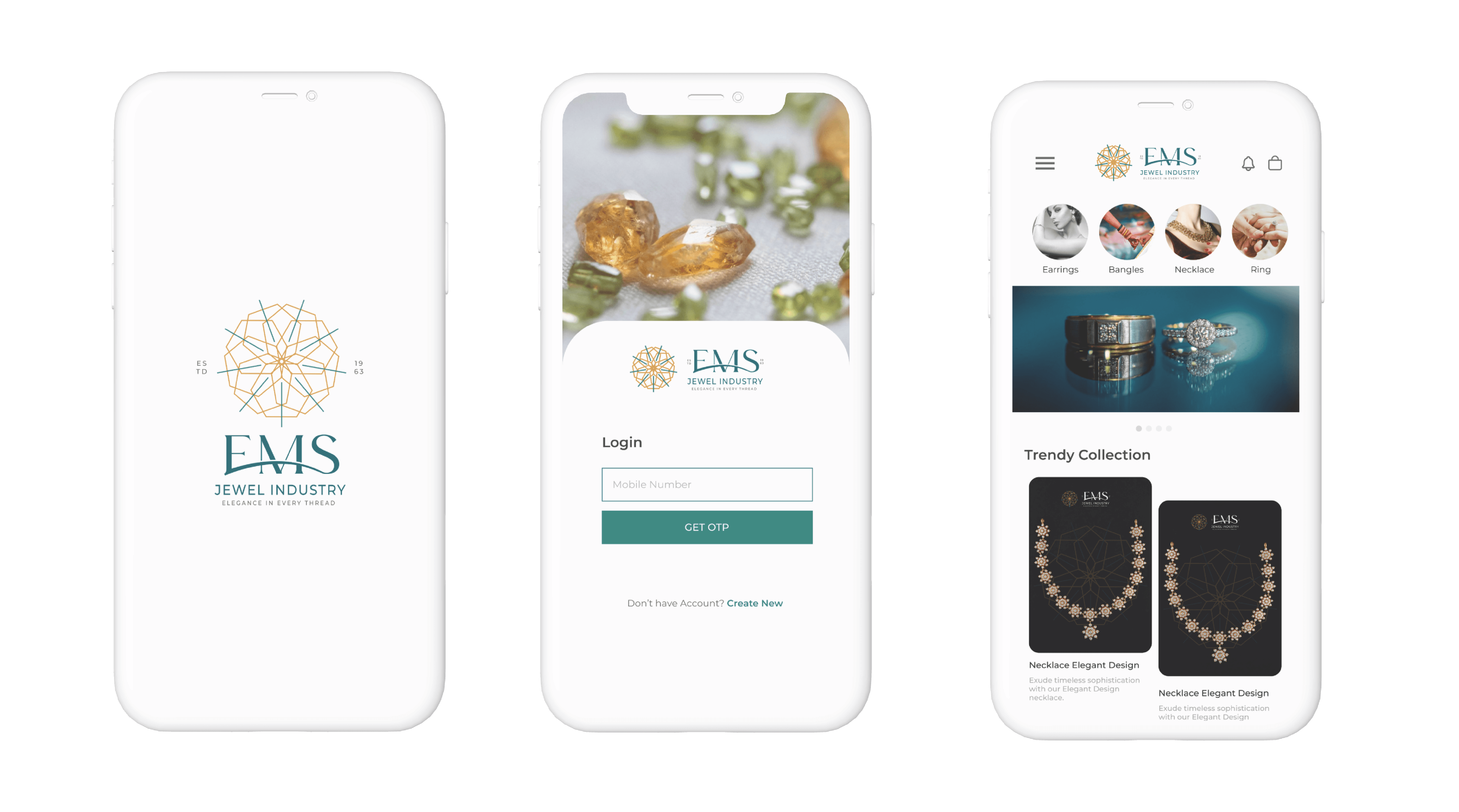 EMS Jewel Industry jewelry e-commerce mobile app design — Penguincil Design