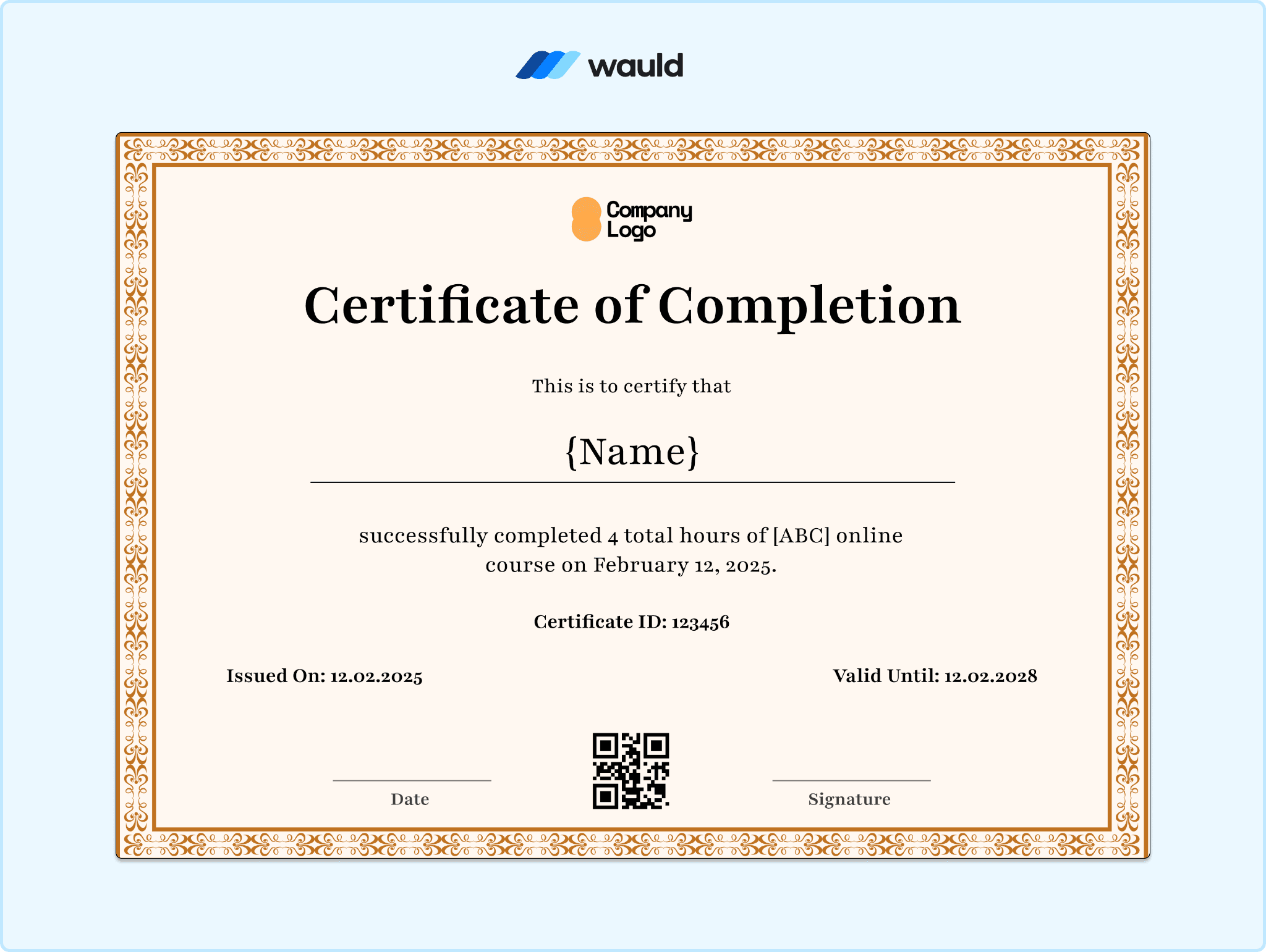 Cream certificate of completion template with tan dotted border