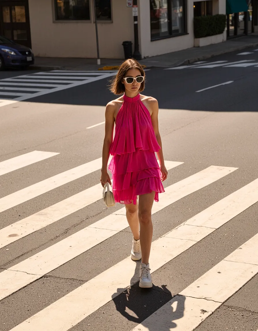 Woman in bright pink tiered halter dress with sunglasses walking across city crosswalk in summer street style outfit