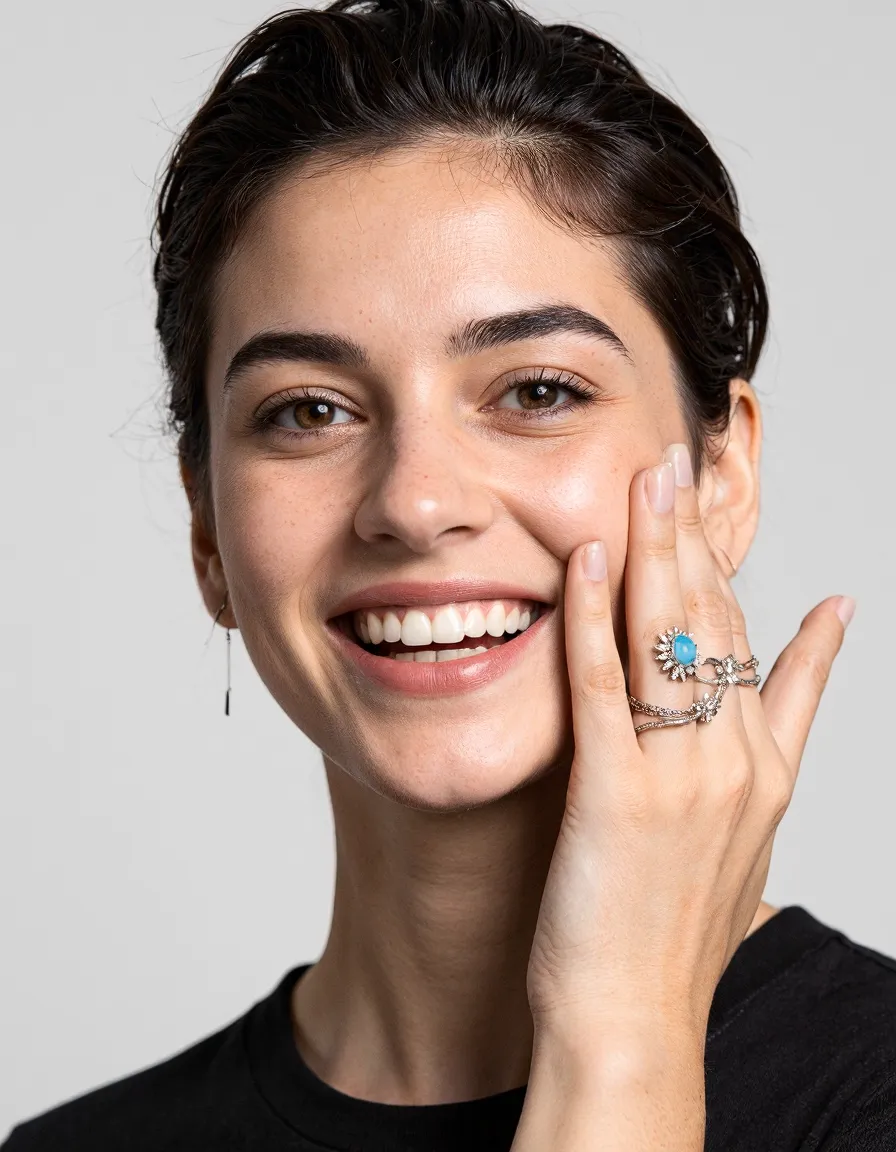 Close-up portrait showing a bright smile with hand touching cheek, featuring delicate turquoise and silver rings against minimalist background