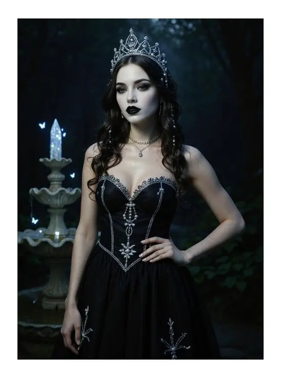 Whimsical goth AI girl with black lipstick and pearl dress