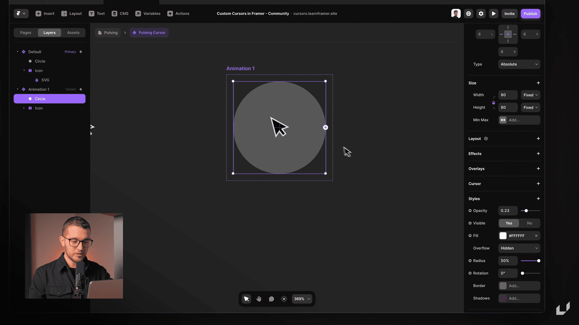 Framer custom cursor setup with pulsing animation preview