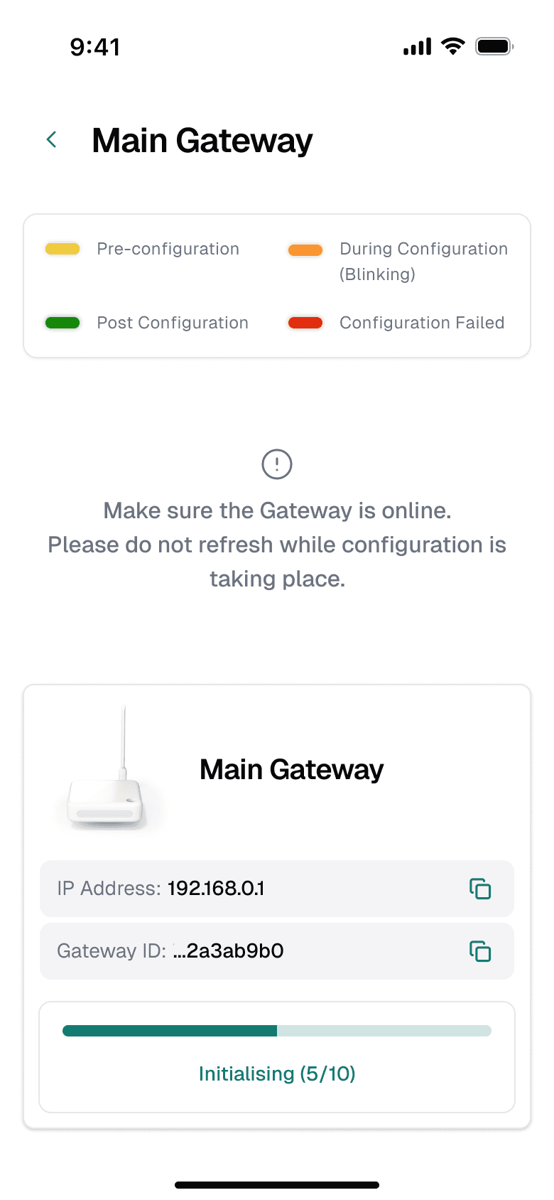 Keus Ops app: main gateway configuration in progress with the LED legend