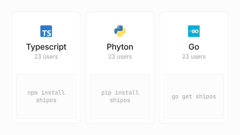 Programming languages: TypeScript, Python, Go with installation commands.