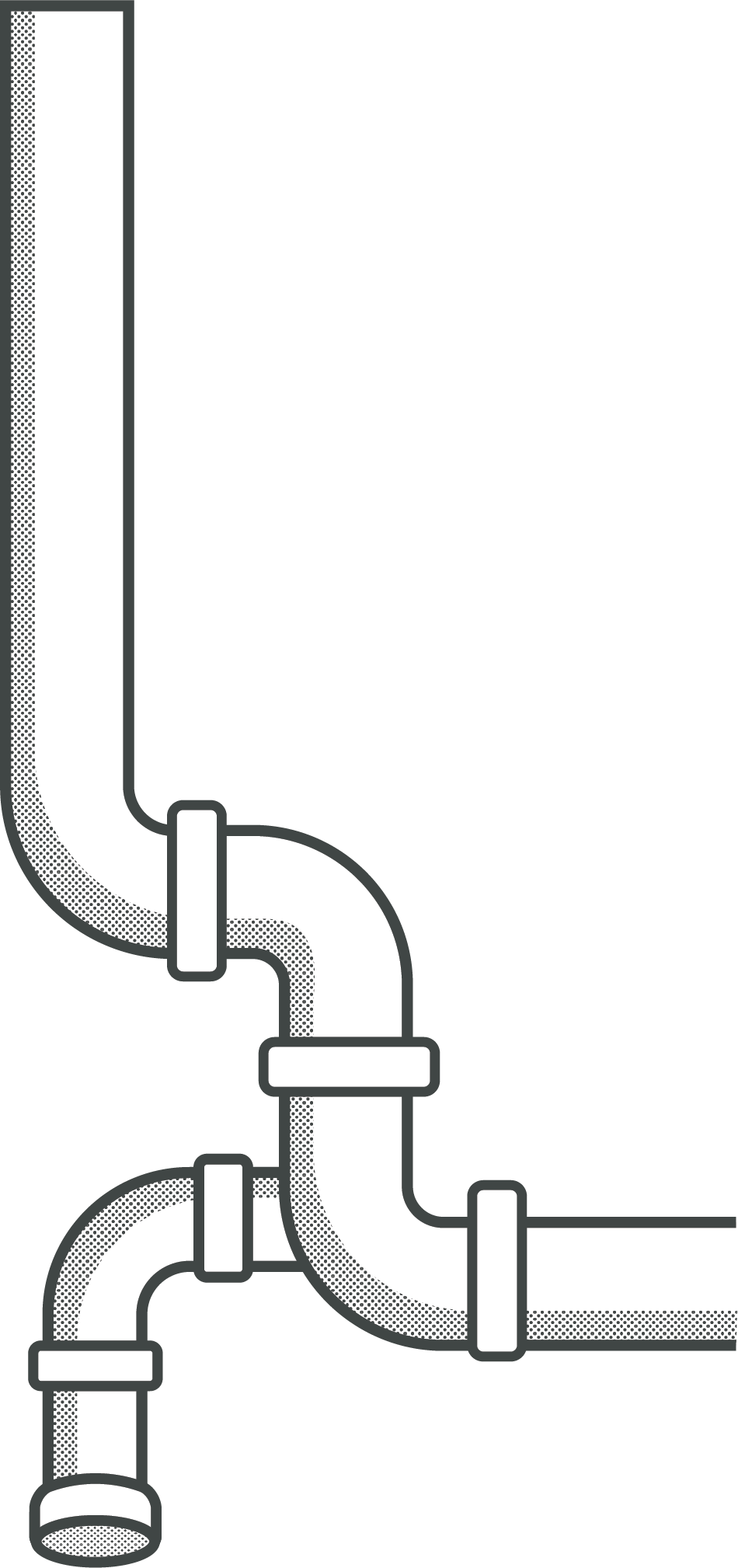 White plumbing pipes with elbow joints and connectors against a black background.
