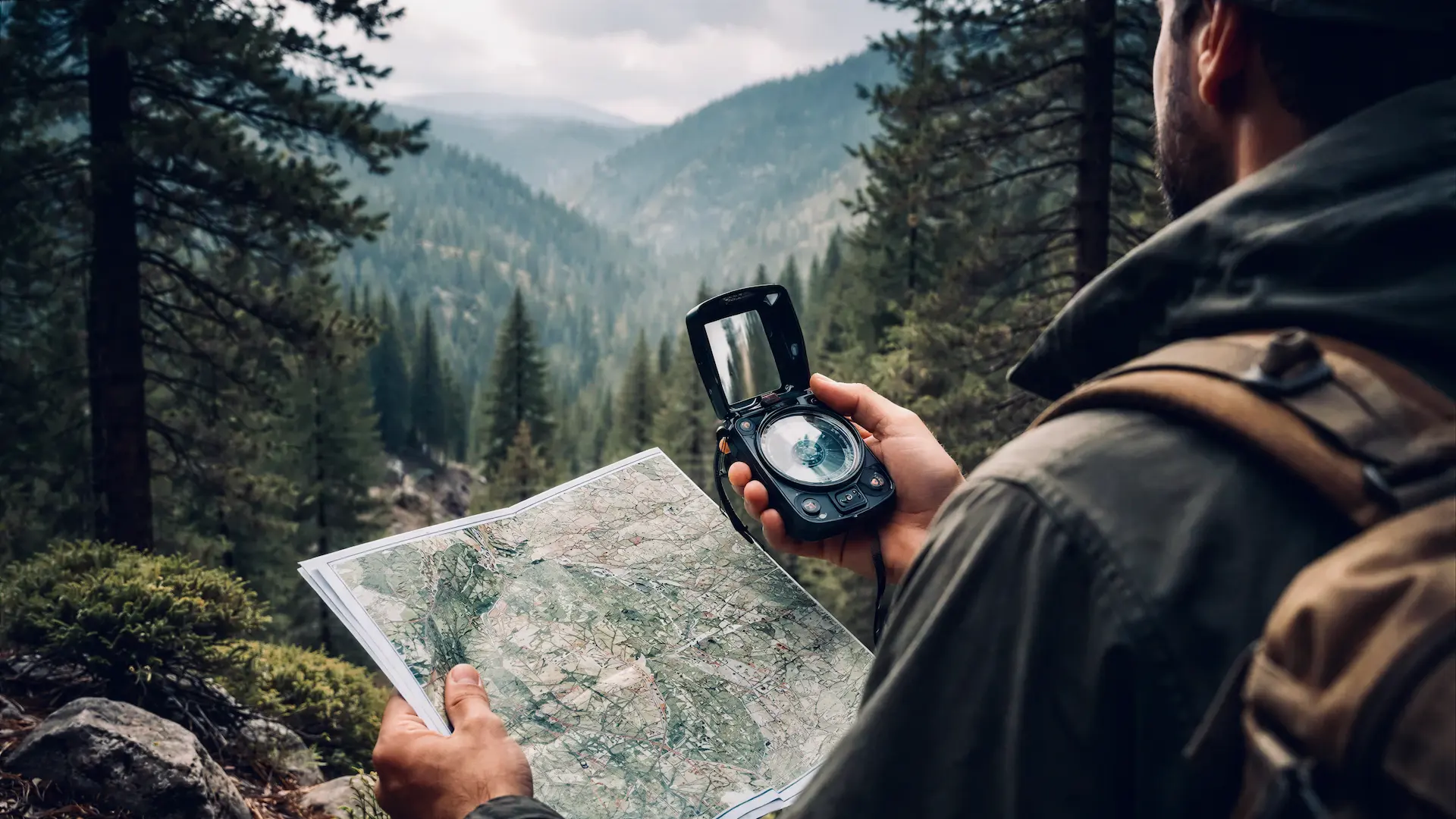 Person from behind holding a topographic map and compass over a forested mountain valley.