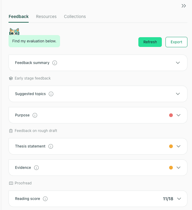 thesify feedback dashboard showing summary, early-stage feedback, purpose, thesis statement, evidence, and reading score