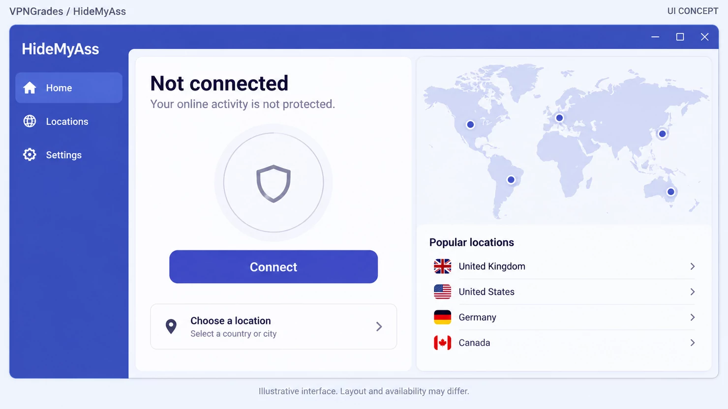HideMyAss: a desktop connection interface (illustration).