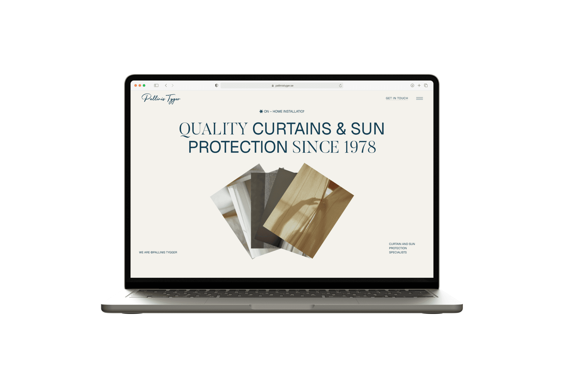 Laptop displaying the Pallinis Tyger website pixelated showcasing curtains and sun protection products.