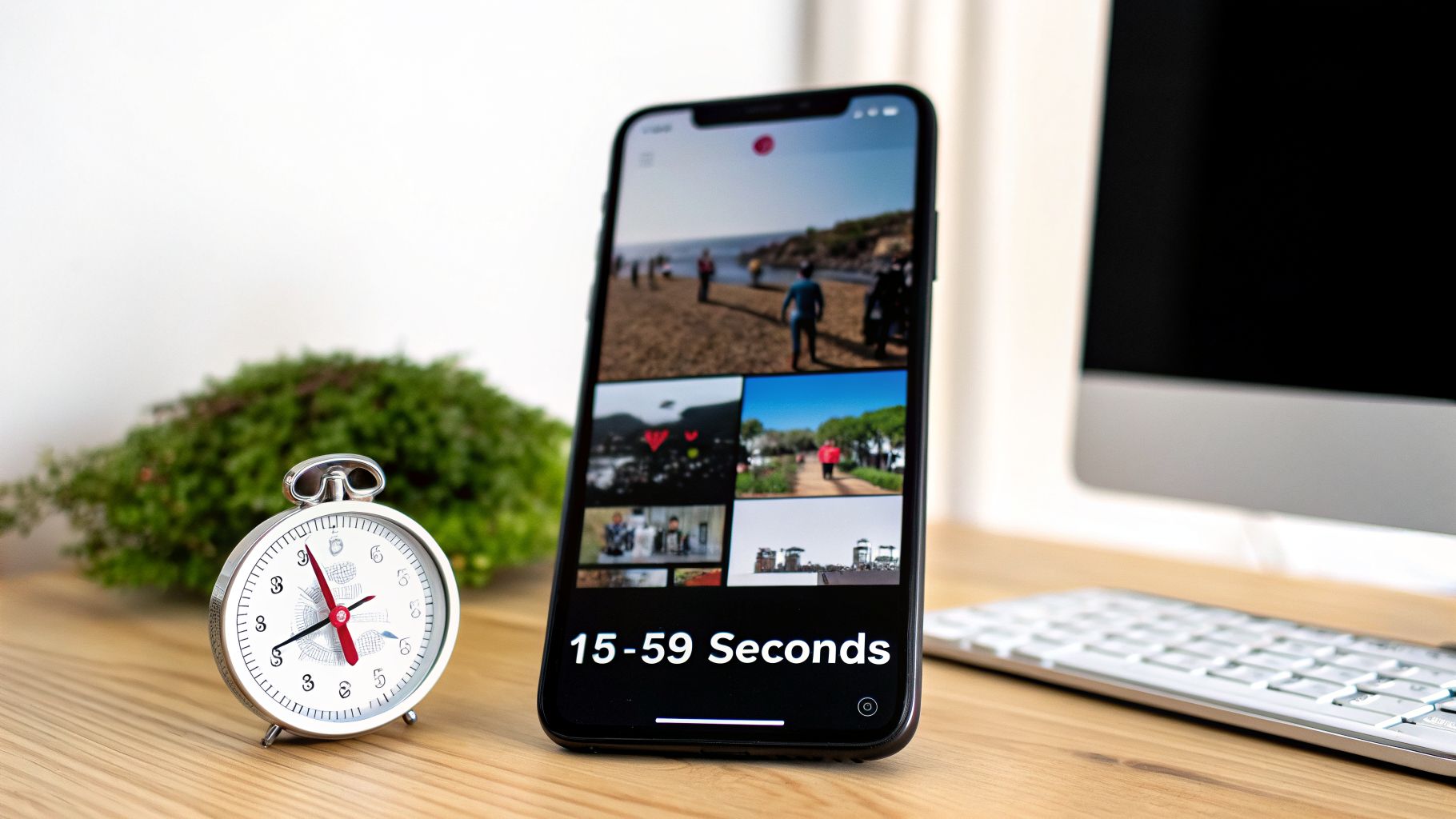 A smartphone on a wooden desk displays 