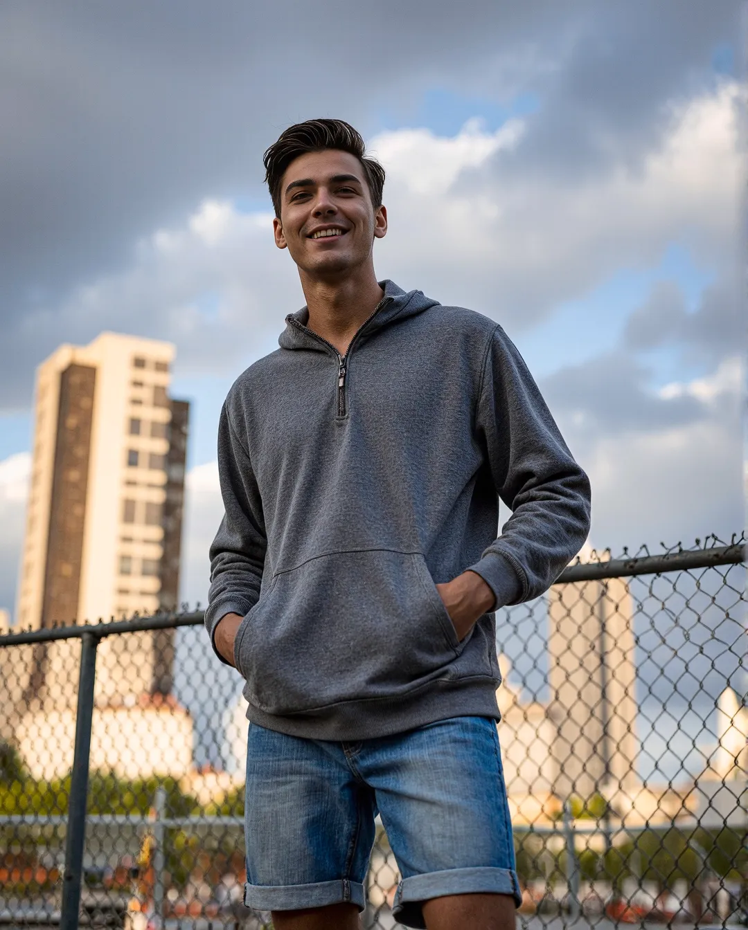 Person in gray zip-up hoodie and denim shorts standing against chain-link fence with urban skyline in background under cloudy sky